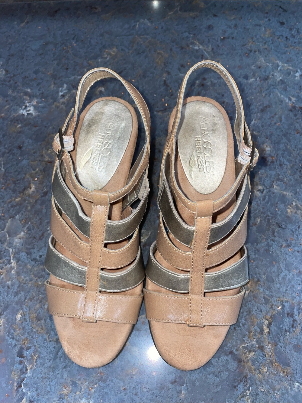 AEROSOLES Tan and Metallic Bronze Multi-Strap Slingback Sandals